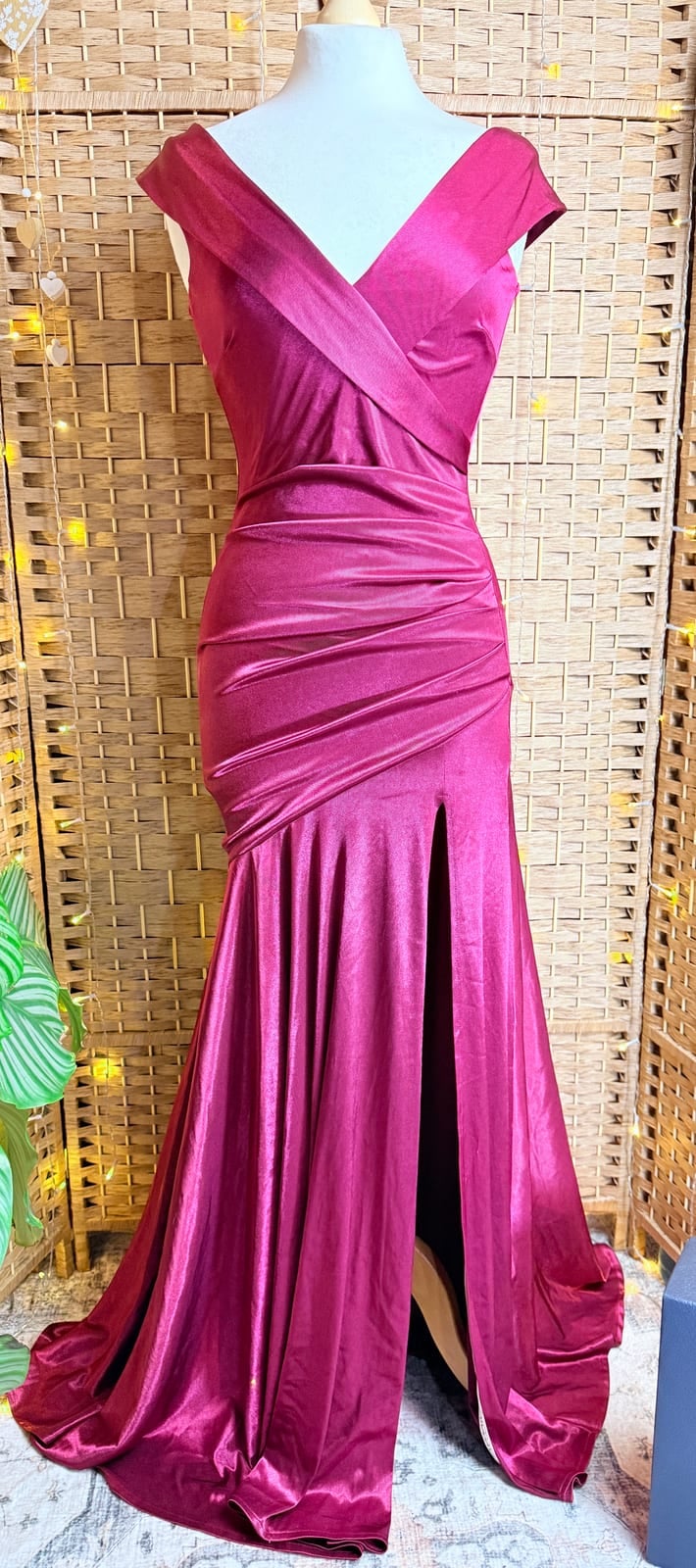 Goddiva Pink satin Bardot maxi dress with ruched waist and thigh split, Pink, size UK 8