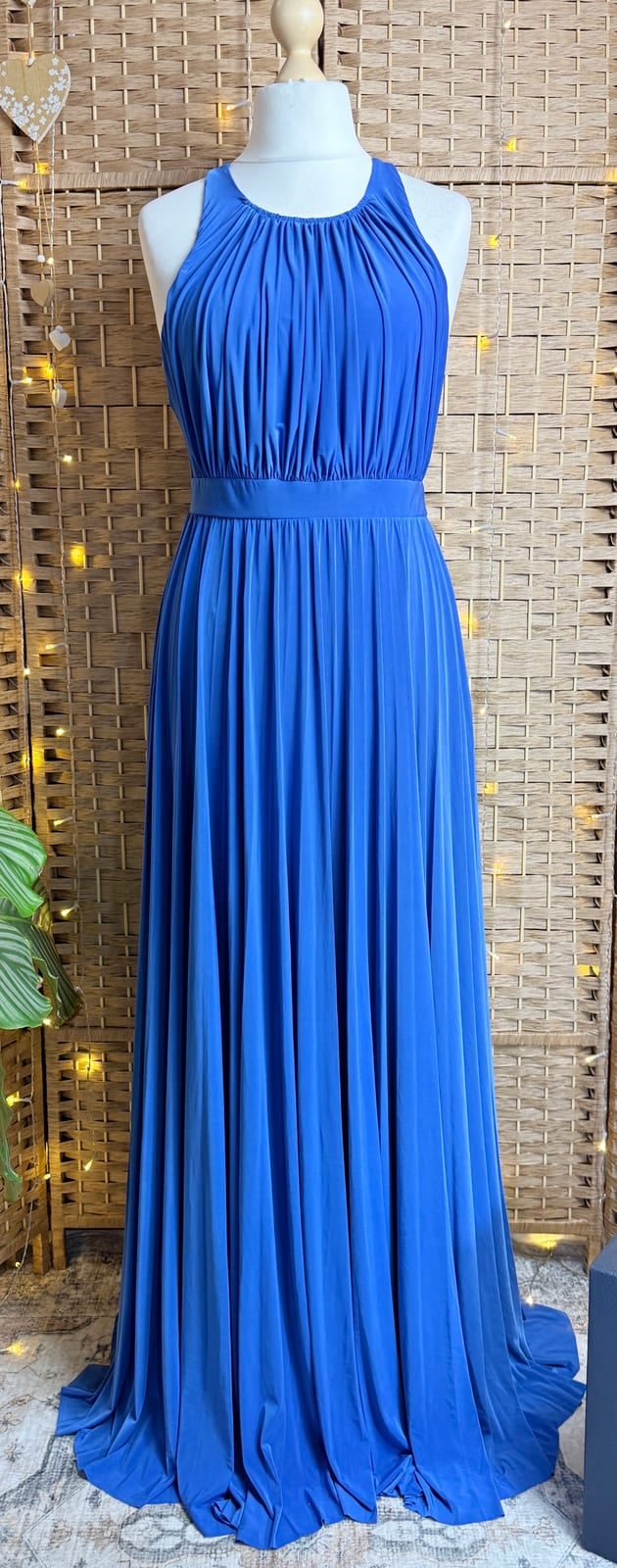 Goddiva Blue ruched halter neck maxi dress with cross back, Blue, size UK 12