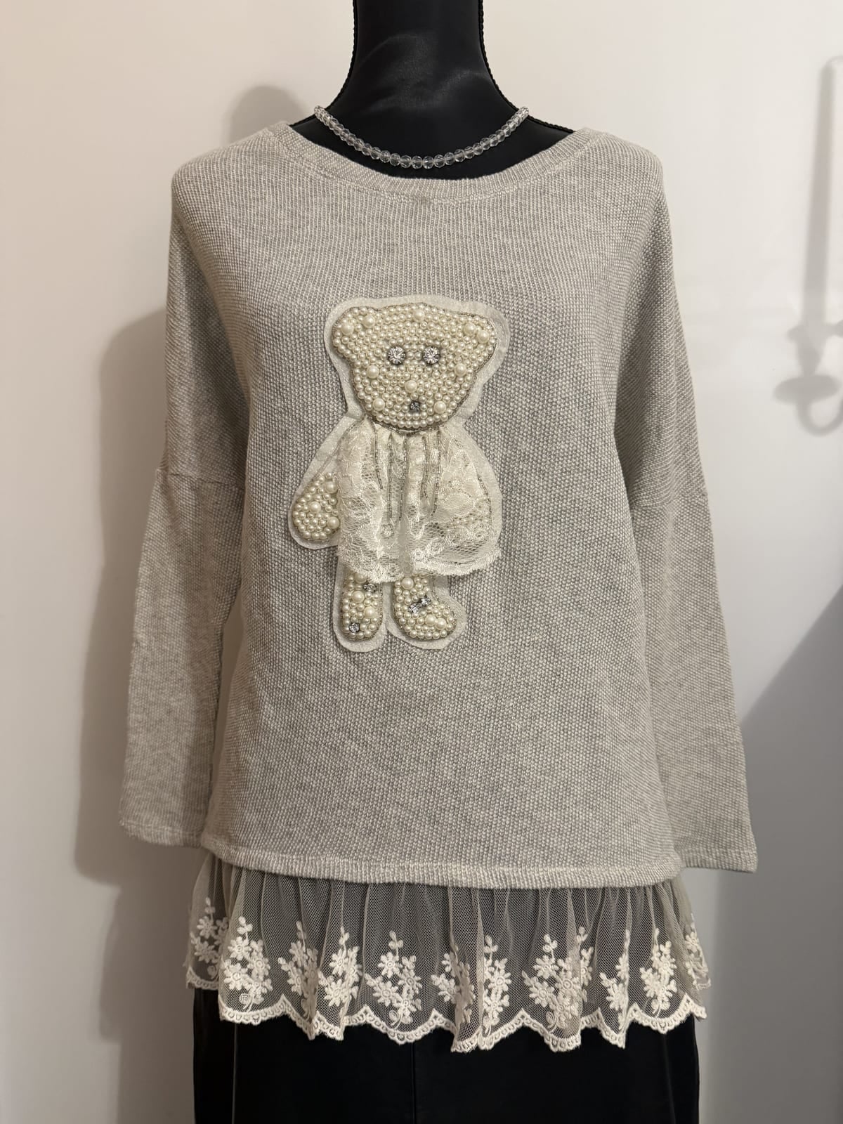 KnowHow Coquette teddy cotton knit pearl embellished lace hem, Beige, size M
