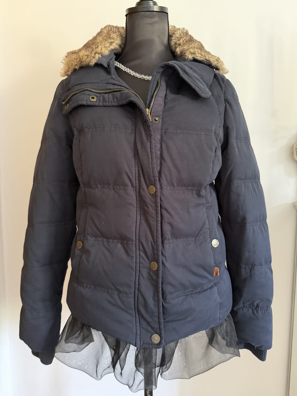 FatFace Navy padded jacket with faux fur collar - size 12, Navy, size UK 12