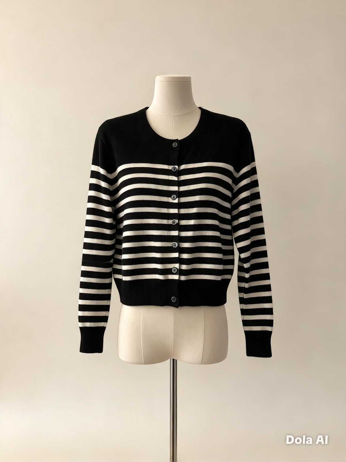 H&M Black White Stripe Cardigan Size L Round Neck Button Up Knit Jumper, Black, size L