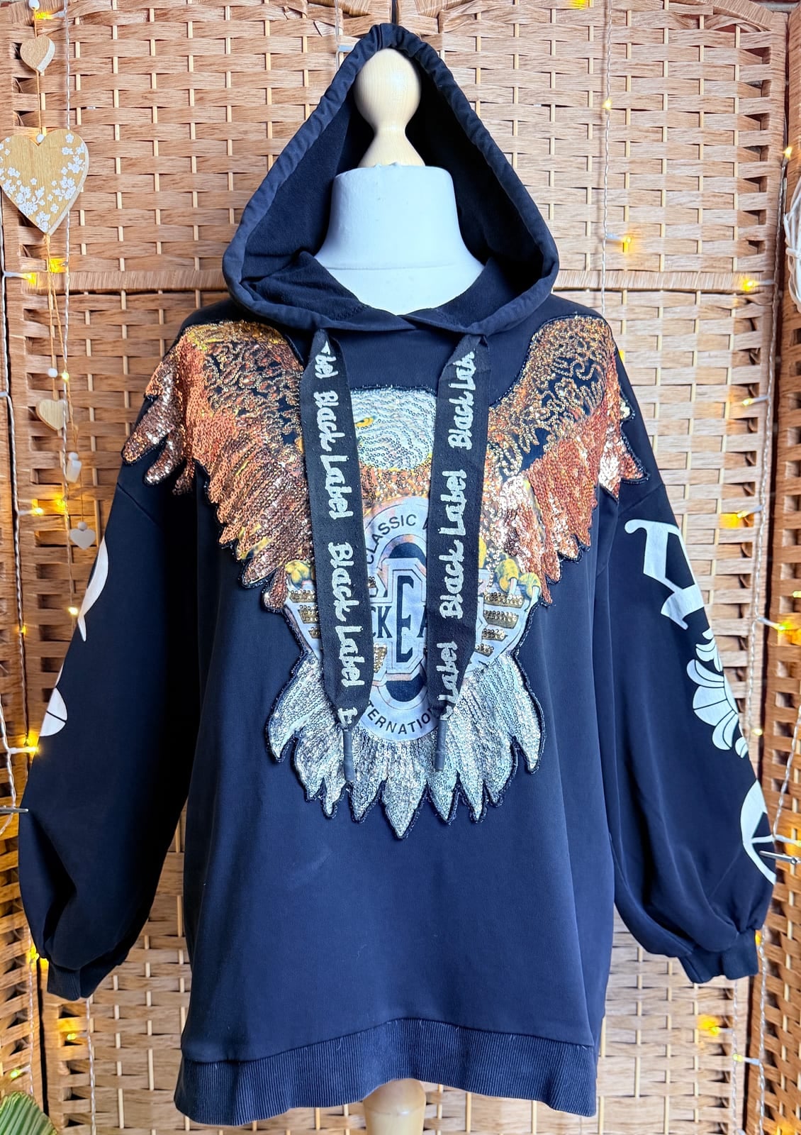 May by Shining Star Black oversized sequin eagle hoodie with printed sleeves, Black, size UK 14