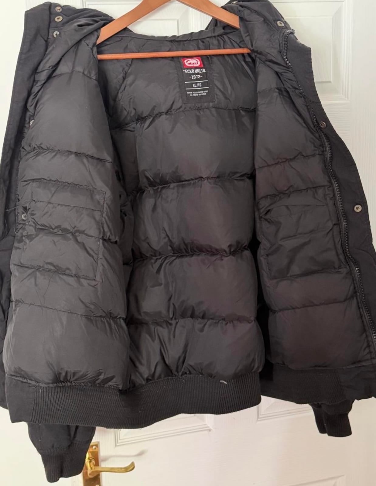 Ecko Unltd black padded hooded bomber jacket XL, Black, size XL