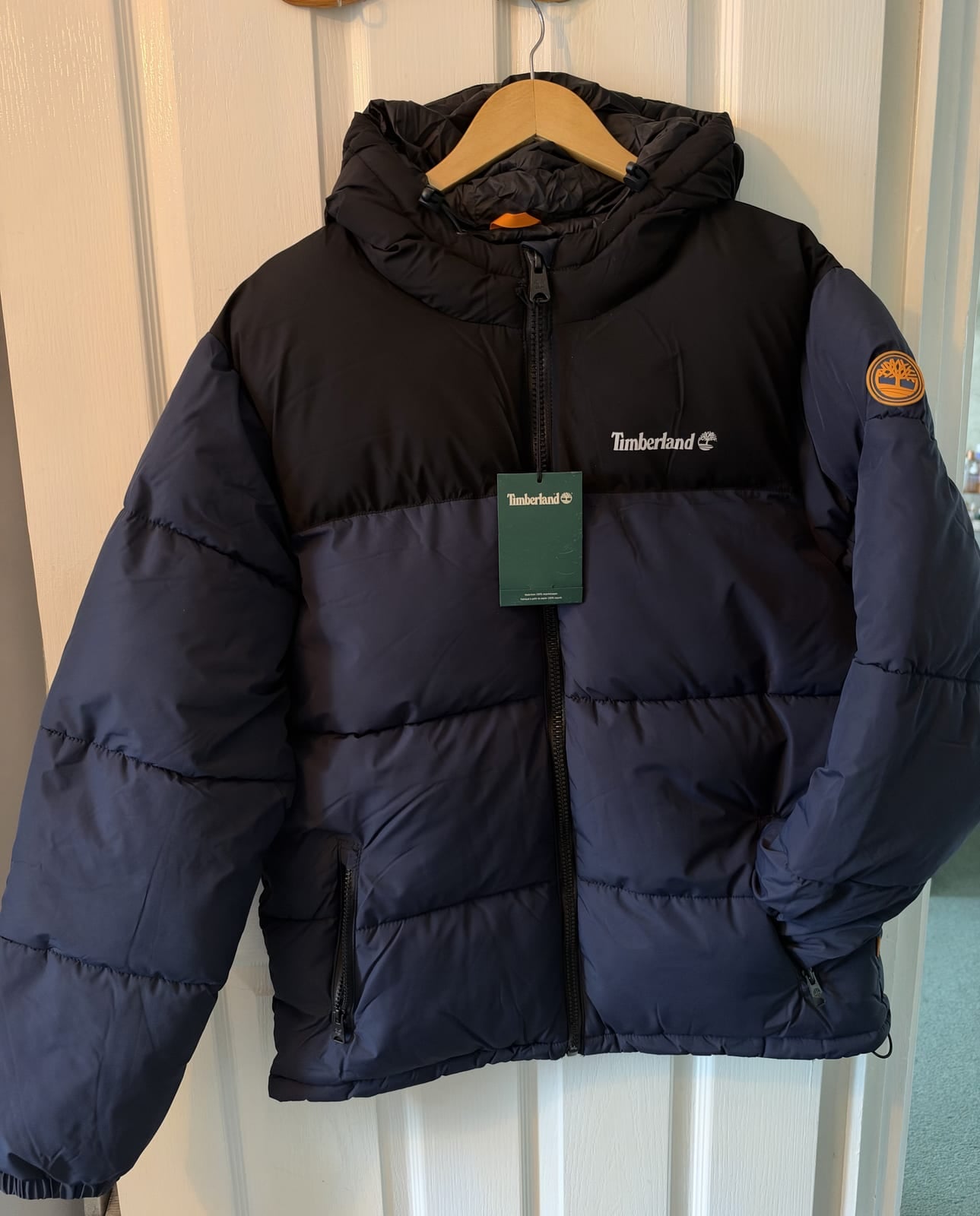 Timberland hooded puffer jacket navy and black XL, Navy, size XL