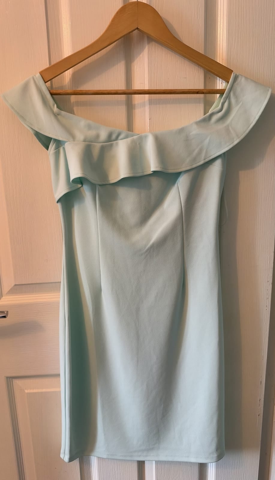 Guess bardot frill off-shoulder mini dress, Light blue, size M