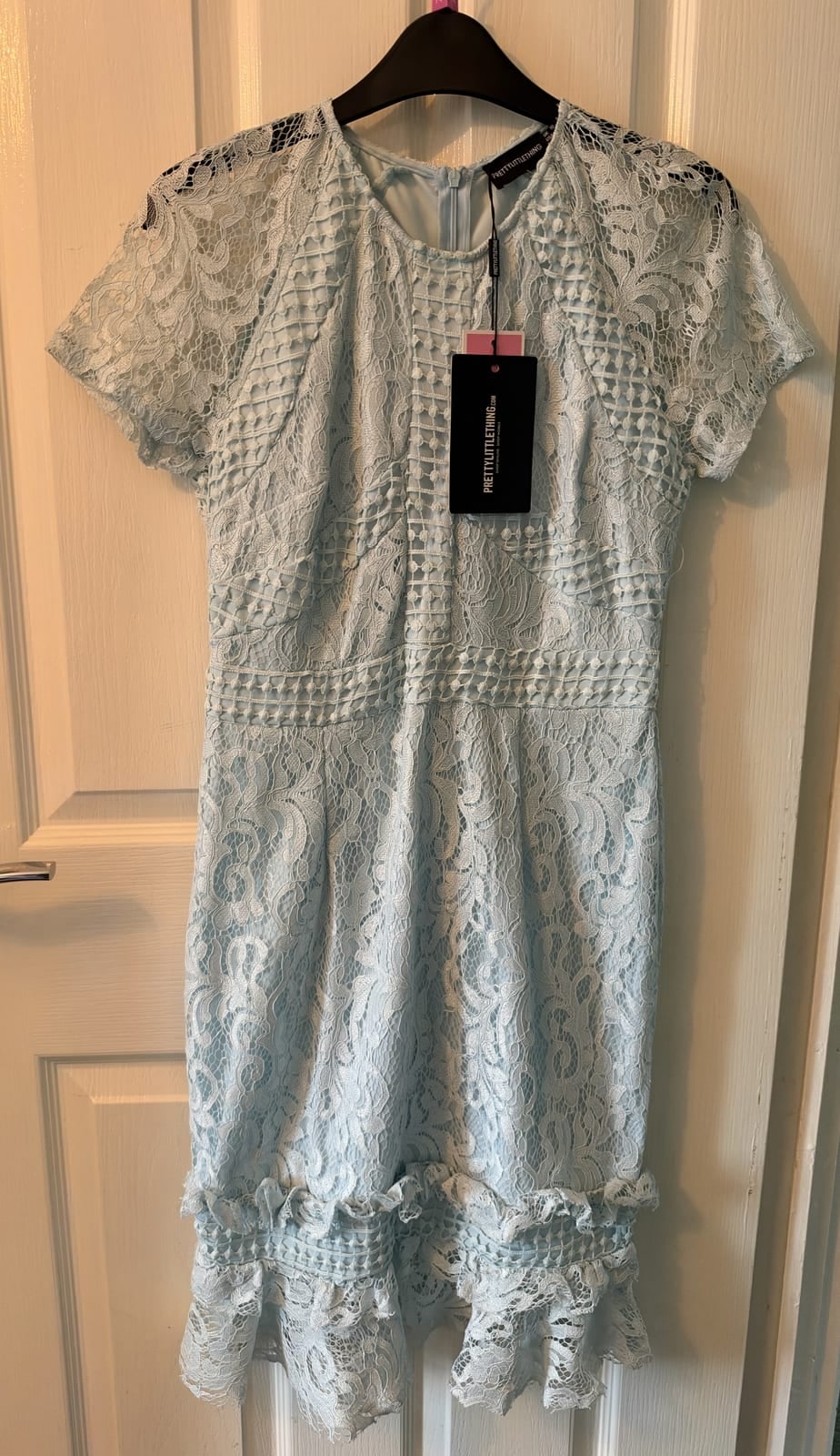PrettyLittleThing pale blue lace frill dress, Light blue, size UK 10