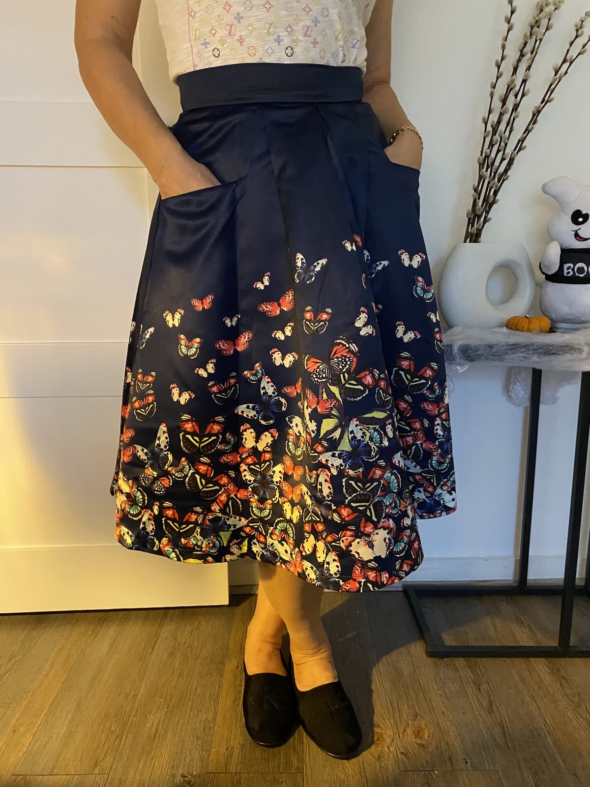 Jolie Moi Navy butterfly print satin midi skirt with pockets, Navy, size UK 10