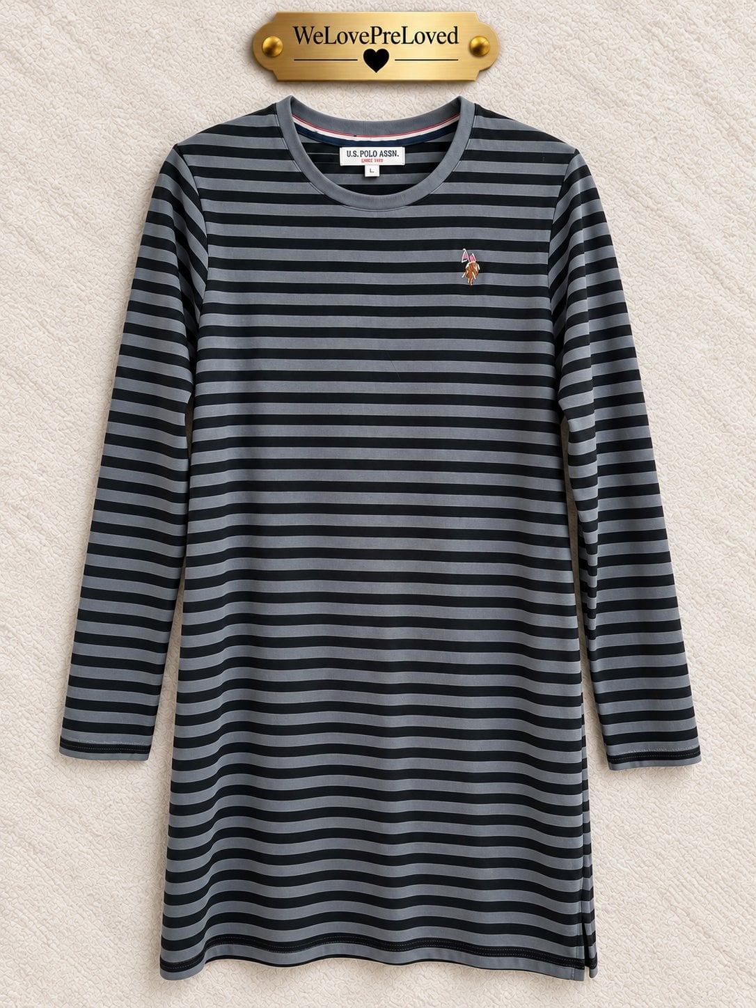 U.S. Polo Assn. U.S. Polo Assn Black Grey Striped Long Sleeve Jersey Dress Logo UK 16, Grey, size UK 16