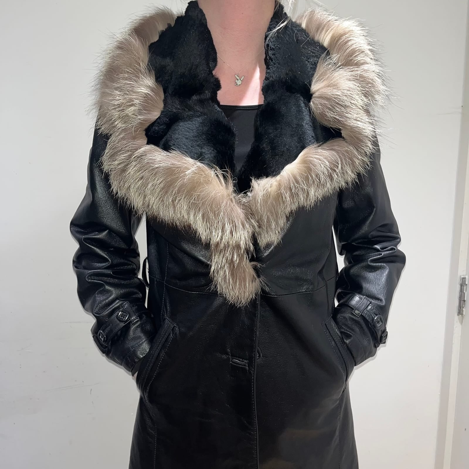 Rachele Casati Black leather longline coat with fur trim collar, Black, size S
