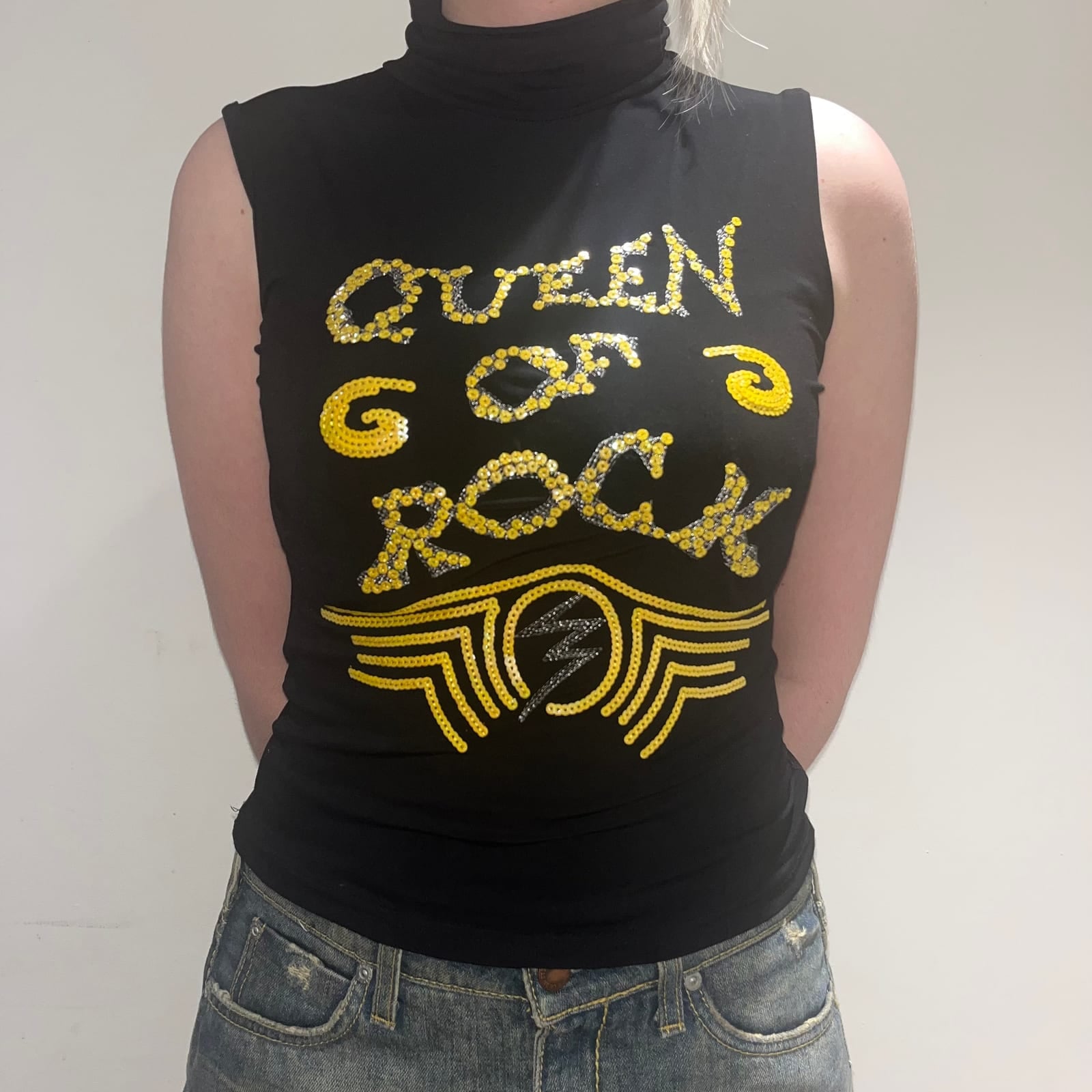 Y2K yellow sequin Queen of Rock vest, Black, size S