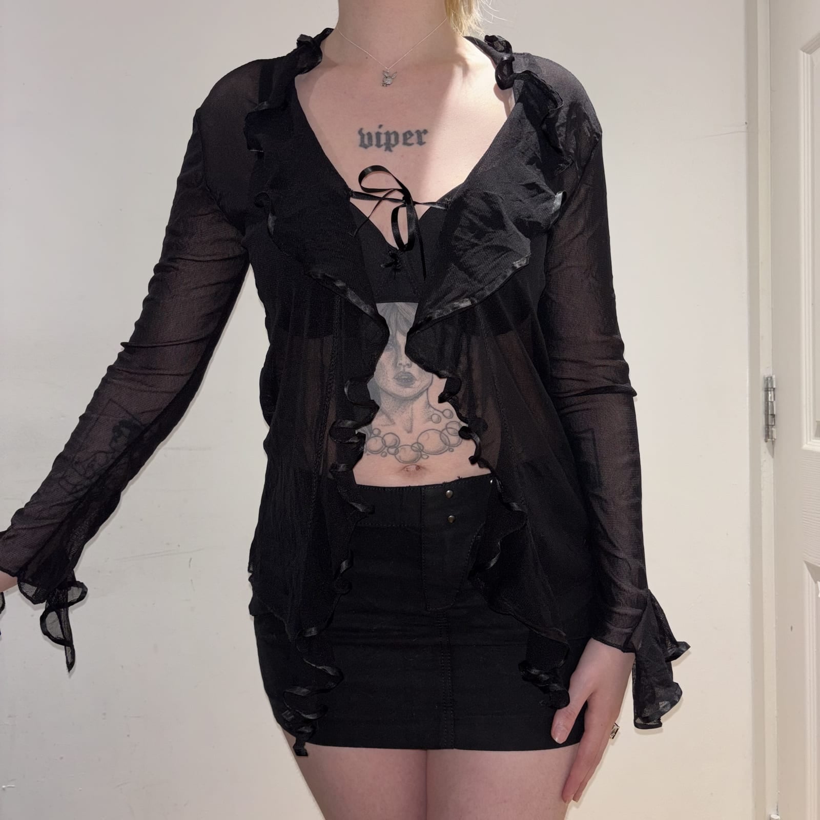 Y2K Vampire Black sheer mesh ruffle tie-front top with flared sleeves, Black, size S