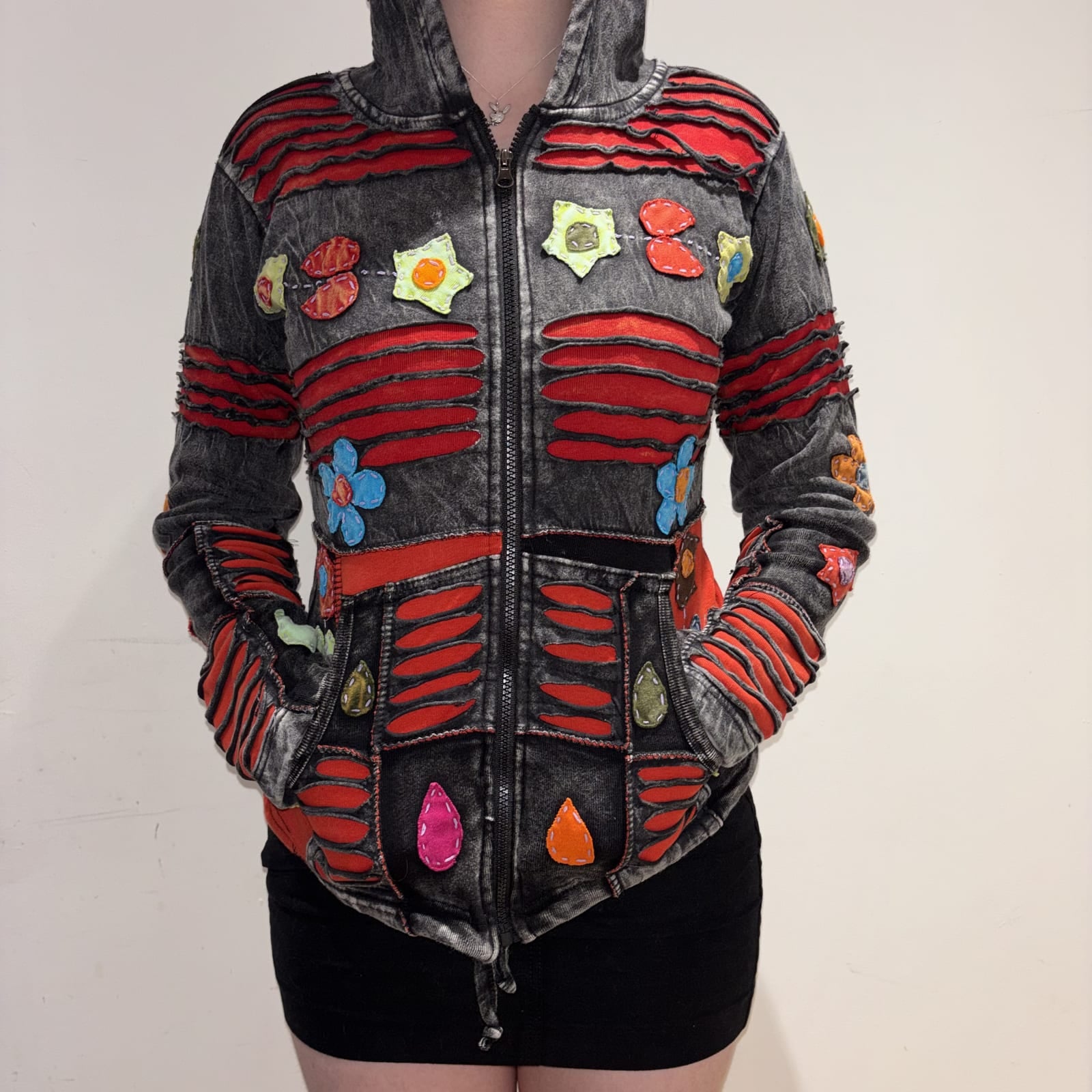 Little Kathmandu Grey stonewashed zip-up hoodie with red cut-out stripes and appliqué patches, Grey, size S