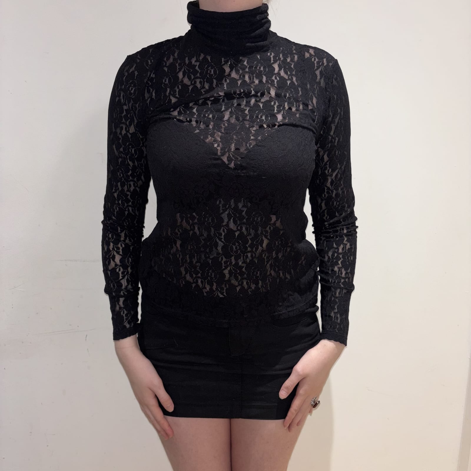 Black sheer floral lace roll neck long sleeve top, Black