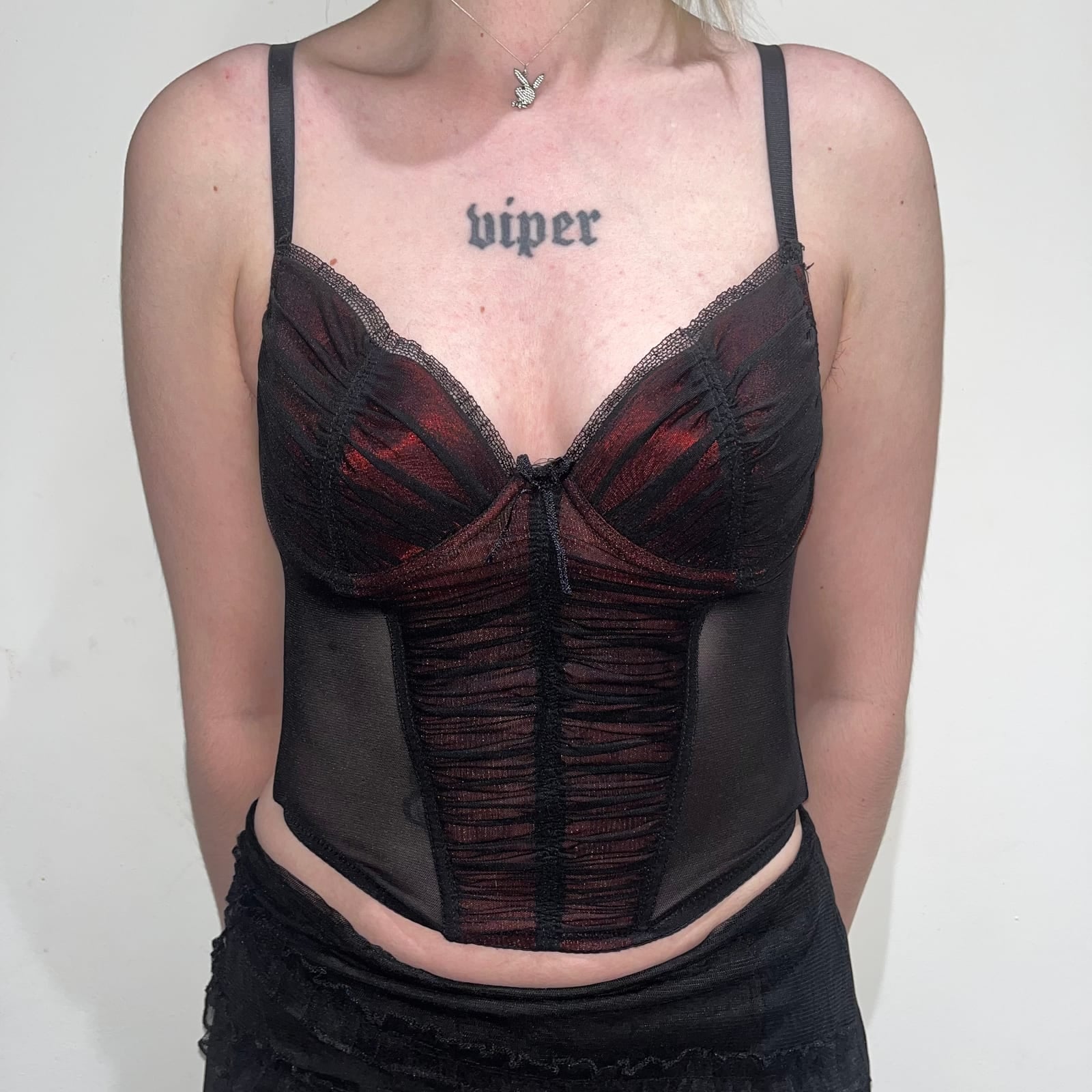 Y2K vampire Black and red mesh bustier corset top with underwired cups, Black, size S