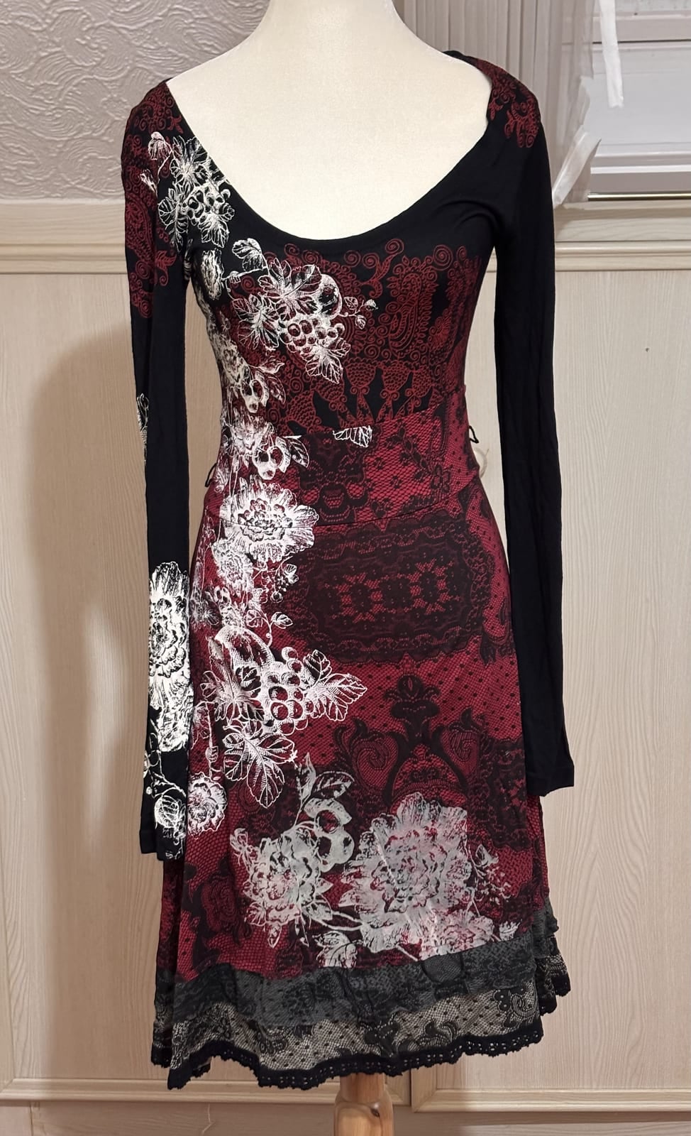 Desigual long sleeve jersey dress, black and red lace print with white floral and tiered lace hem, Multi, size S