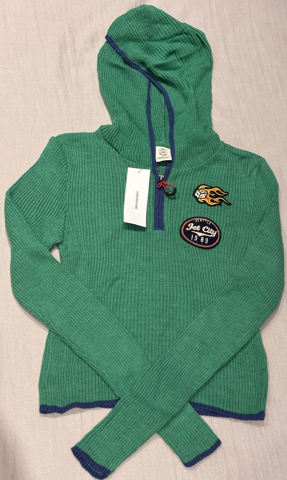 Urban Outfitters green ribbed knit half-zip badge hoodie, size S, new with tags, Green, size S