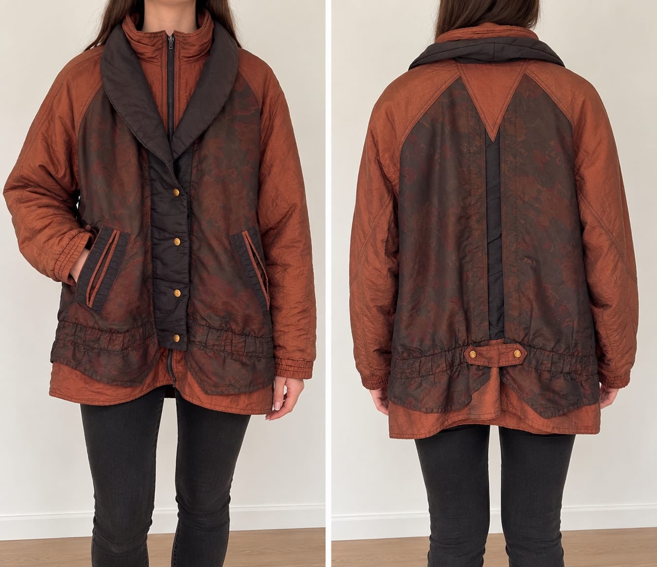 Unknown Vintage rust padded jacket with floral jacquard panels and shawl collar, Brown, size M