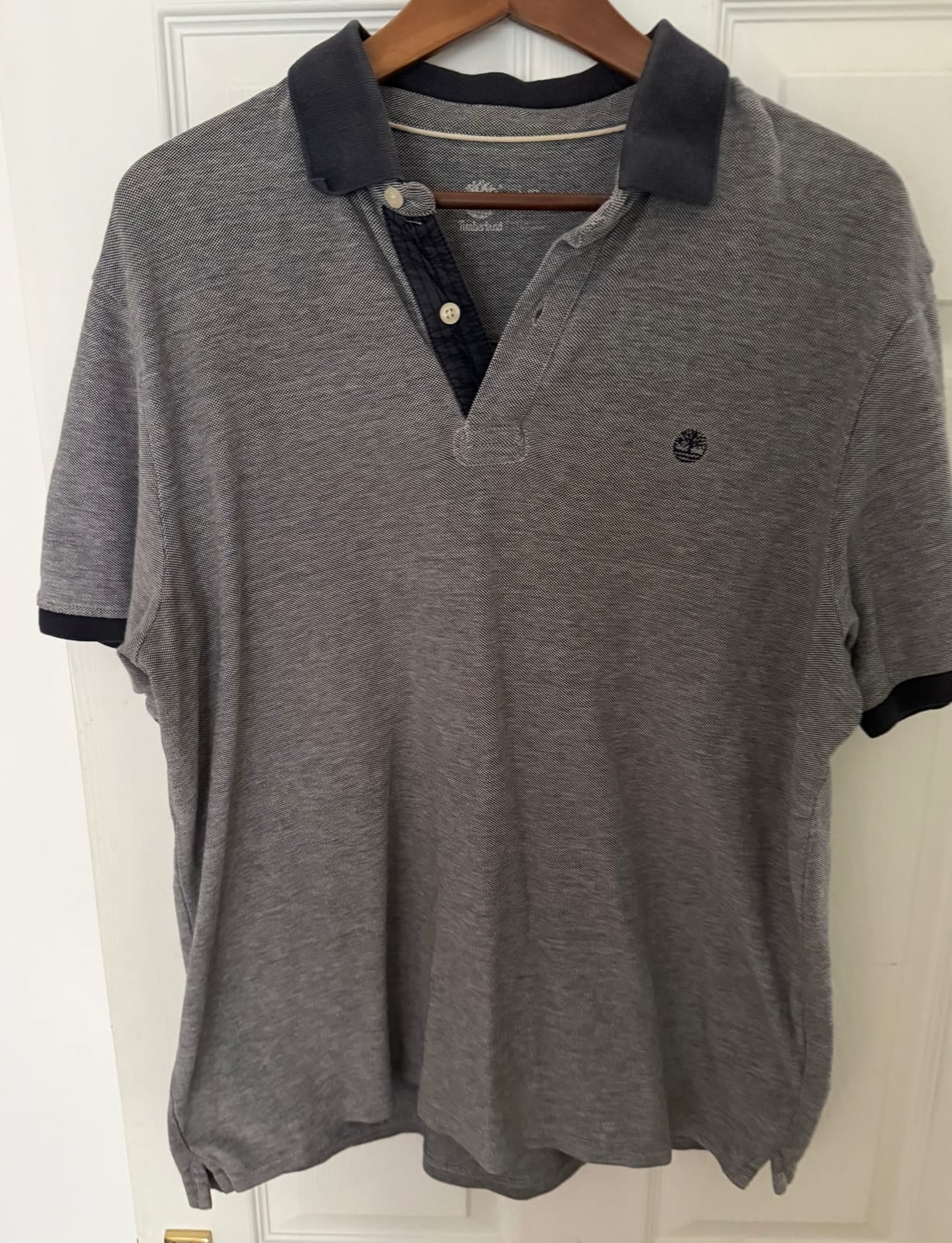 Timberland grey pique polo shirt with navy collar and cuffs, Grey, size L