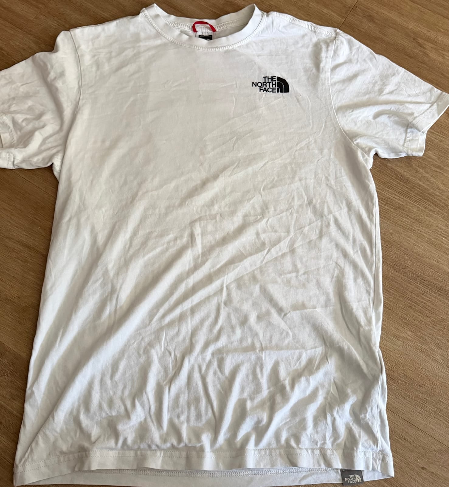 The North Face white t-shirt with olive box logo on back, White, size S