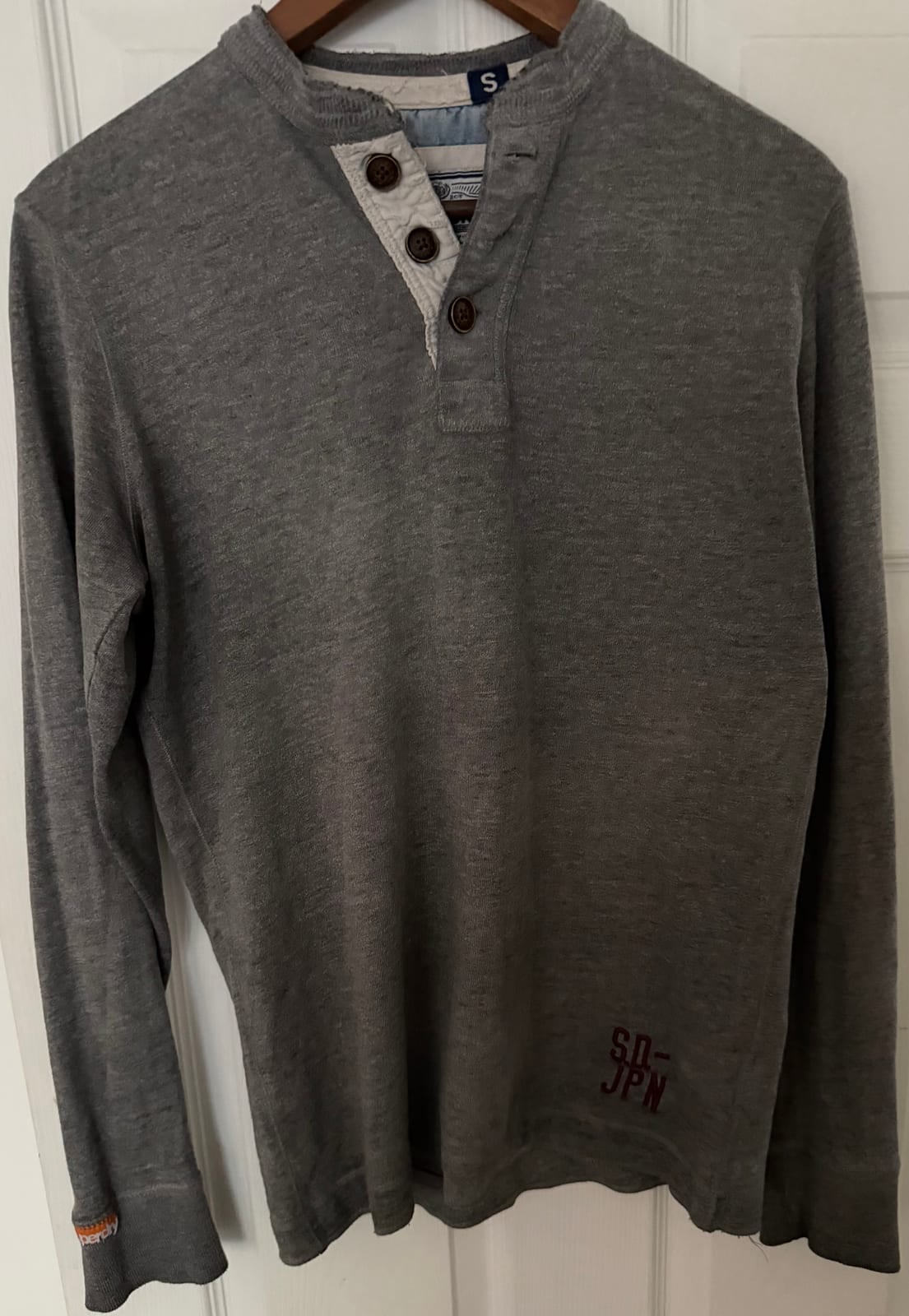 Superdry grey long sleeve henley top, size S, Grey, size S