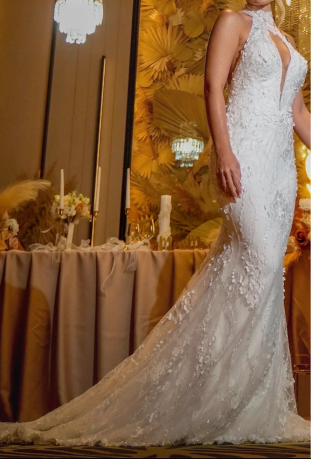 White lace halter neck fitted wedding dress with train and open back Ronald Joyce, White, size S