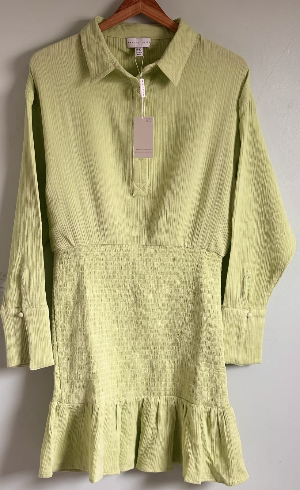 Pretty Lavish lime green cheesecloth shirred mini shirt dress, size 10, Green, size UK 10