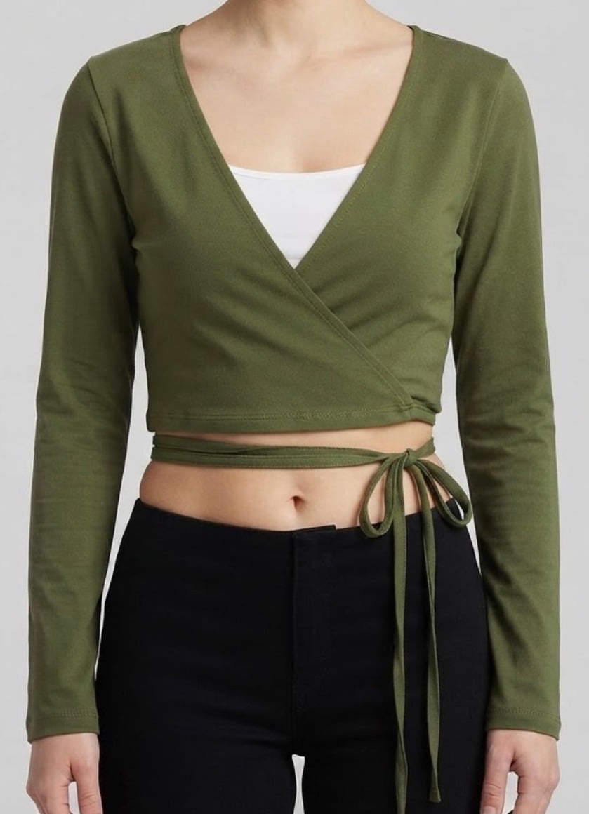 ASOS Design khaki green long sleeve wrap crop top with tie waist, UK 10, Green, size UK 10
