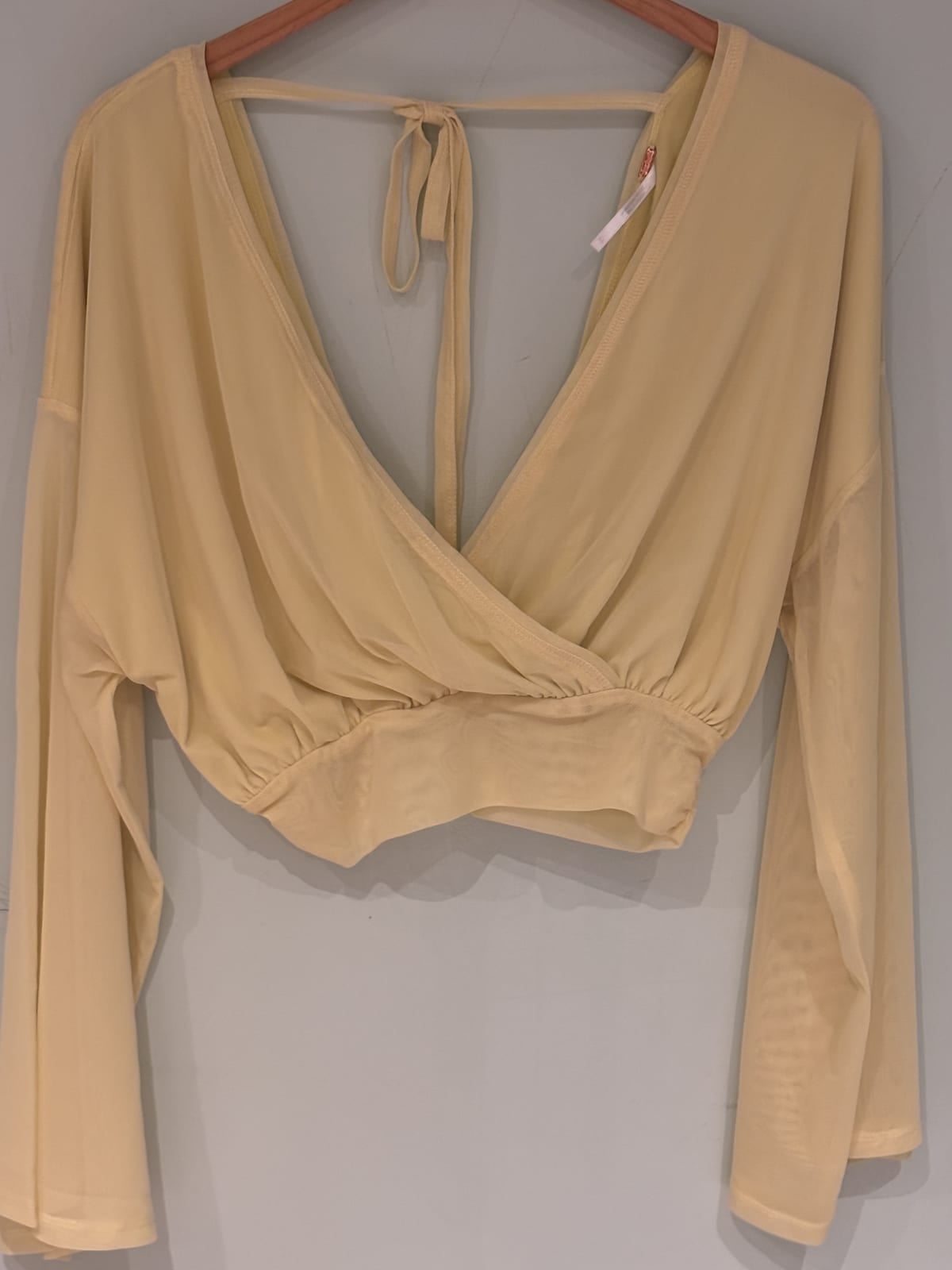Free People pale yellow mesh wrap crop top with bell sleeves, XS, Yellow, size XS
