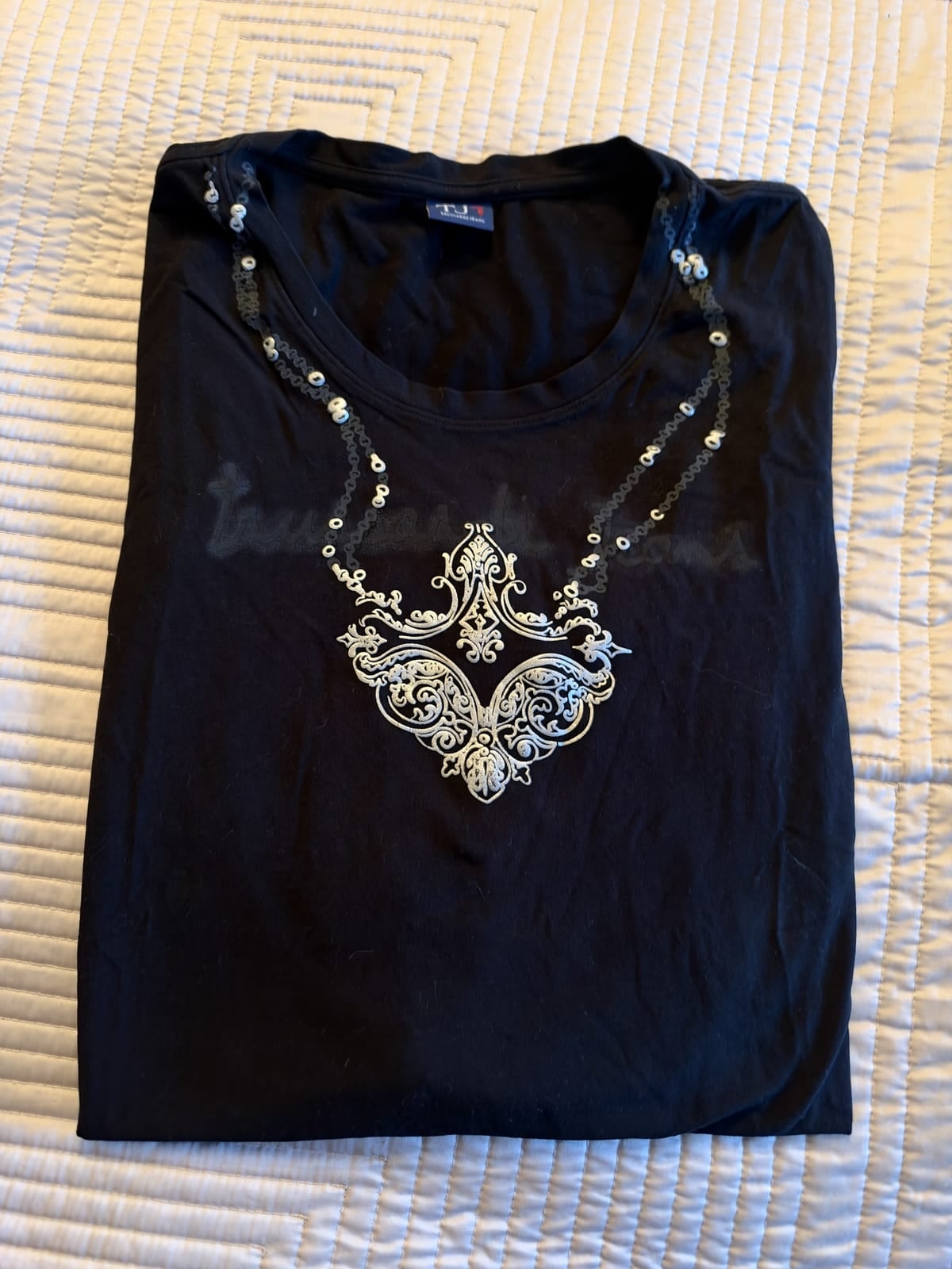 Trussardi Jeans black long sleeve top with sequin necklace print, Black, size L