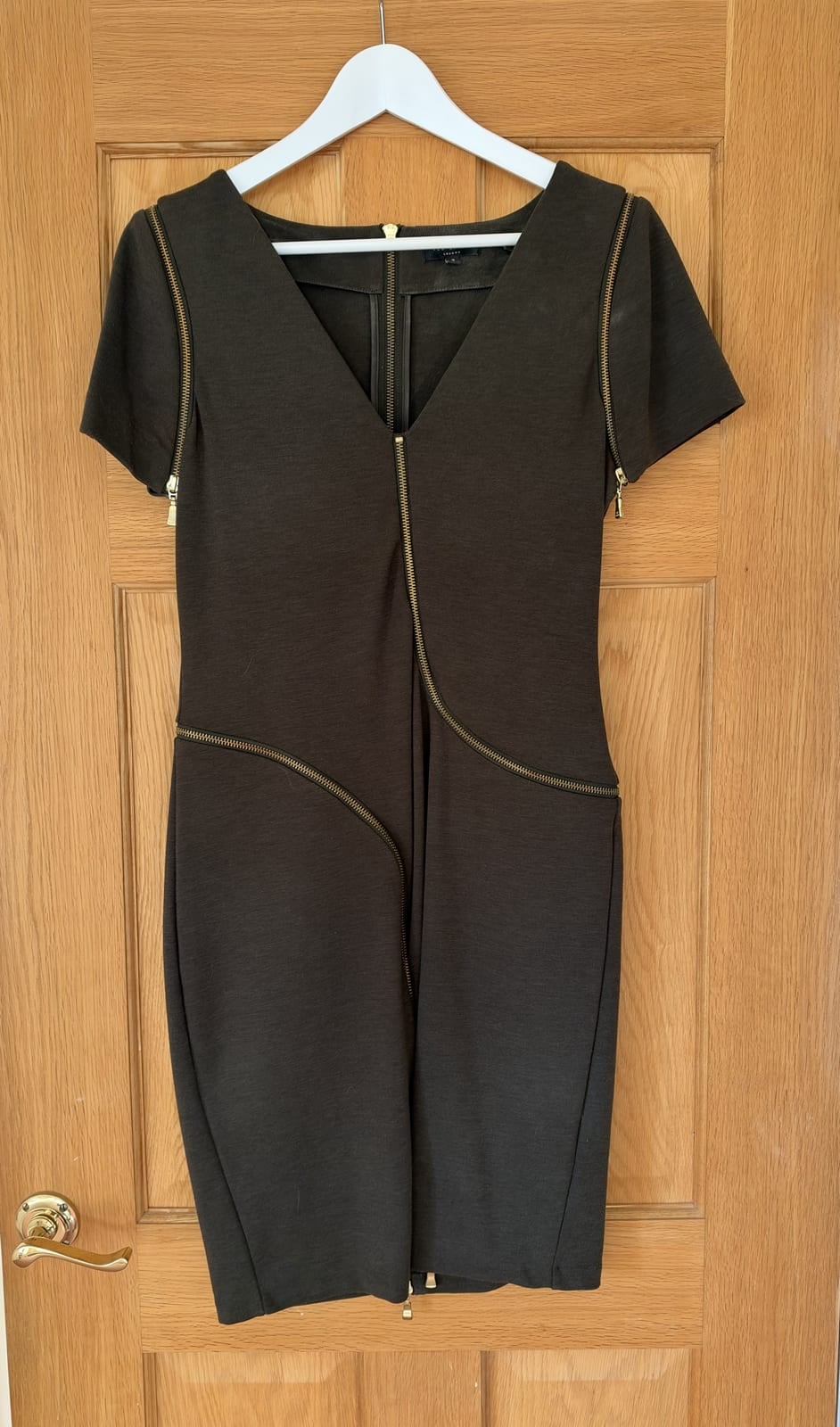 Ted Baker dark khaki jersey bodycon dress with gold zip details, size 3, Green, size 3