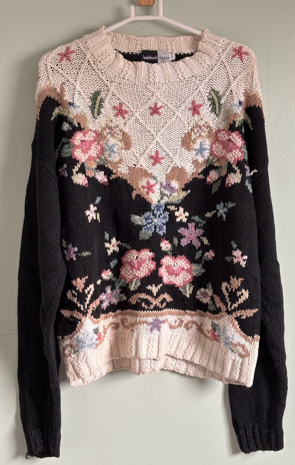 Beldoch Popper vintage floral knit jumper, black and cream, size L, Multi, size L