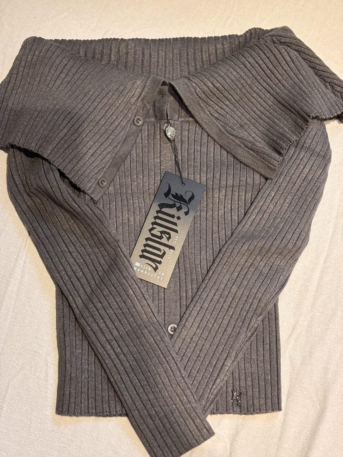 Killstar Dusk Empress grey ribbed knit top with fold-over collar, XS, Grey, size XS