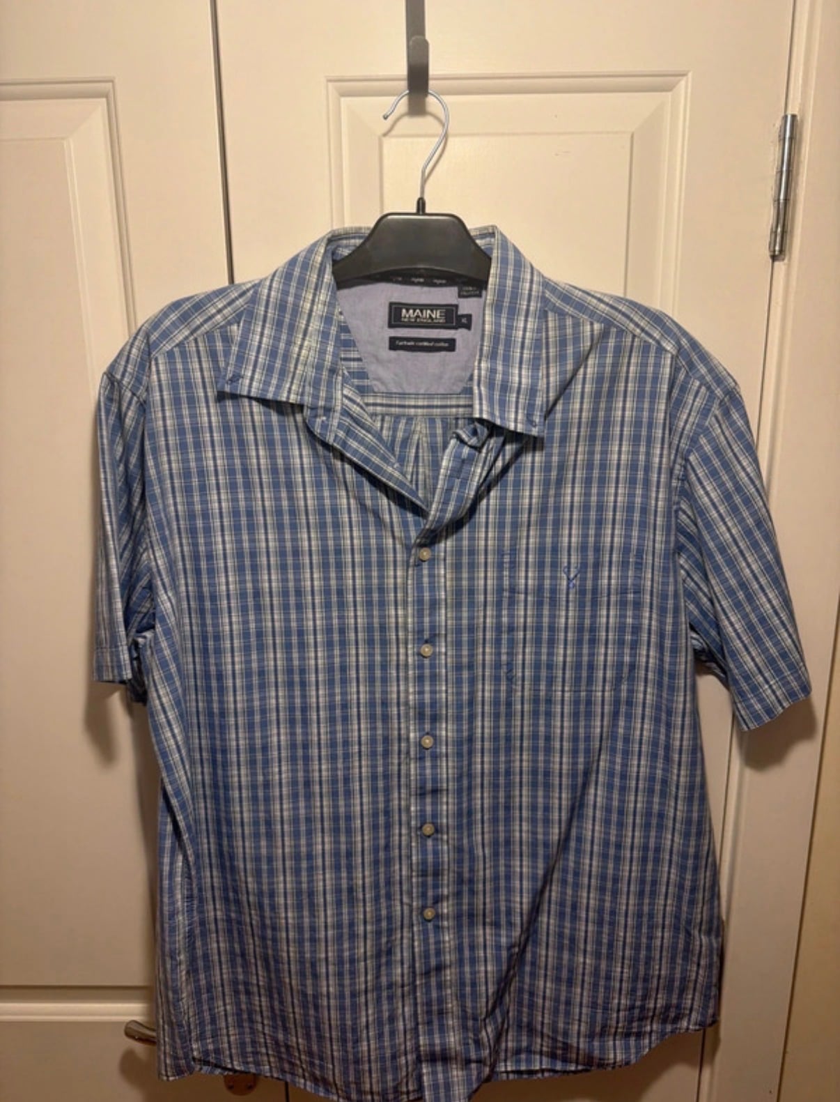 Maine New England blue check short sleeve shirt XL, Blue, size XL