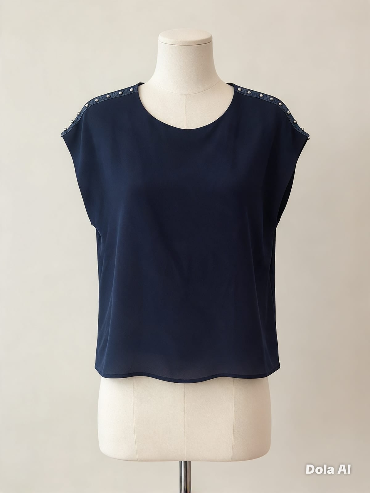Amelie&Amelie Navy Blue Blouse Pearl Embellished Shoulders Elegant Sleeveless Top Italian Made Size 12–16, Navy, size UK 12