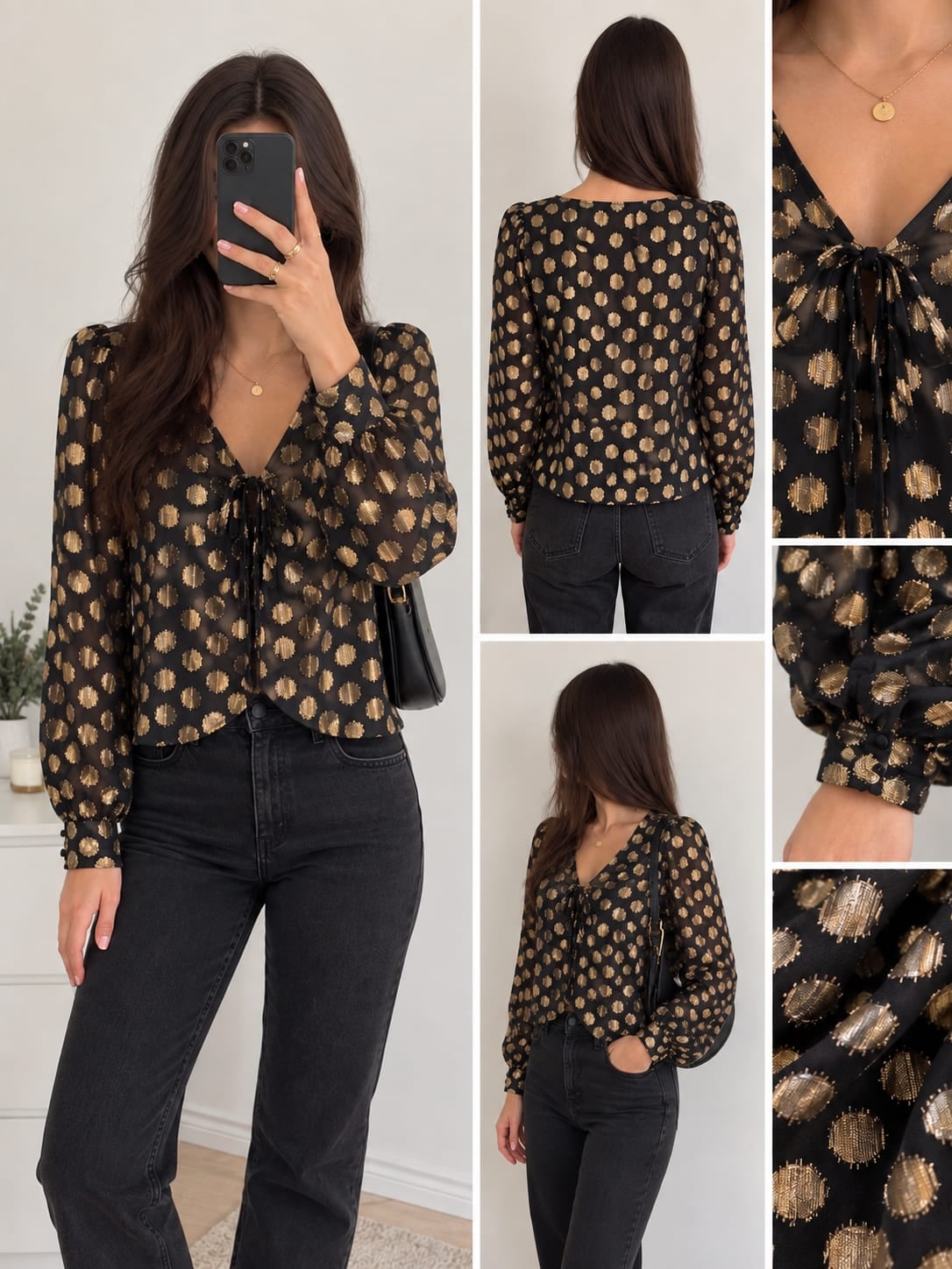 For Love & Lemons black and gold metallic spot tie-front blouse, XS, Black, size XS