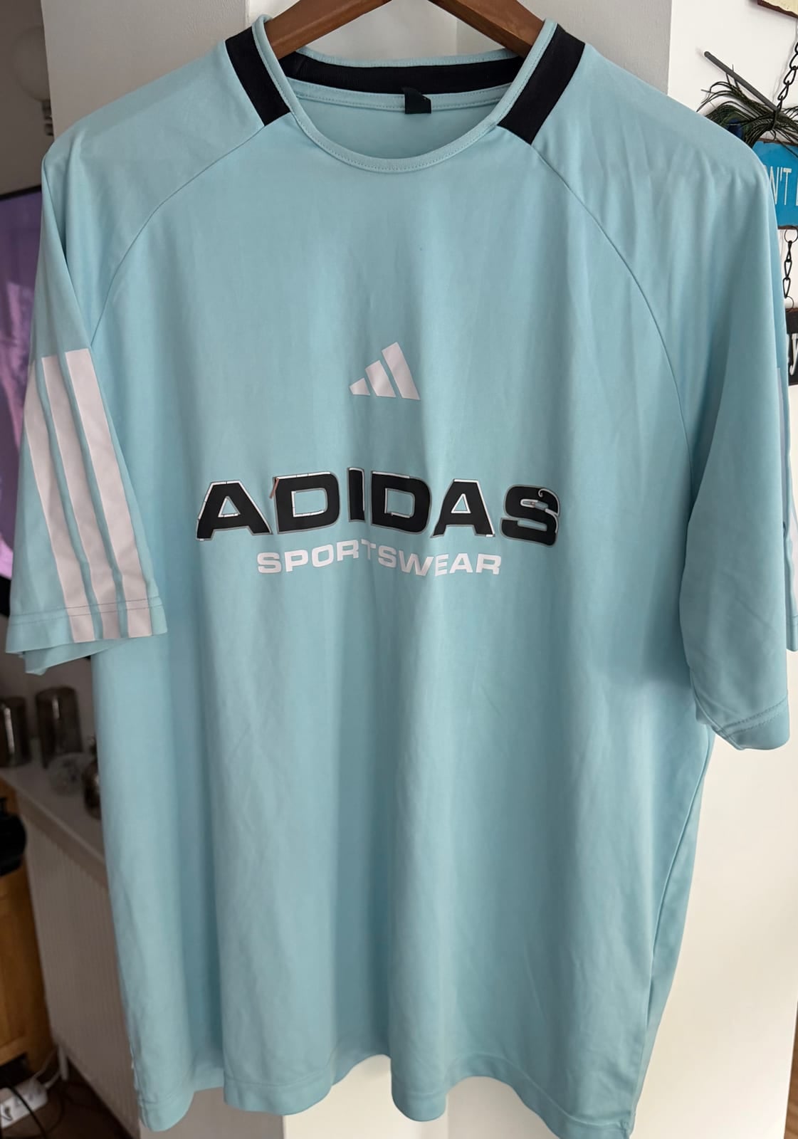 Adidas Sportswear light blue football-style t-shirt with navy collar, Light blue, size L