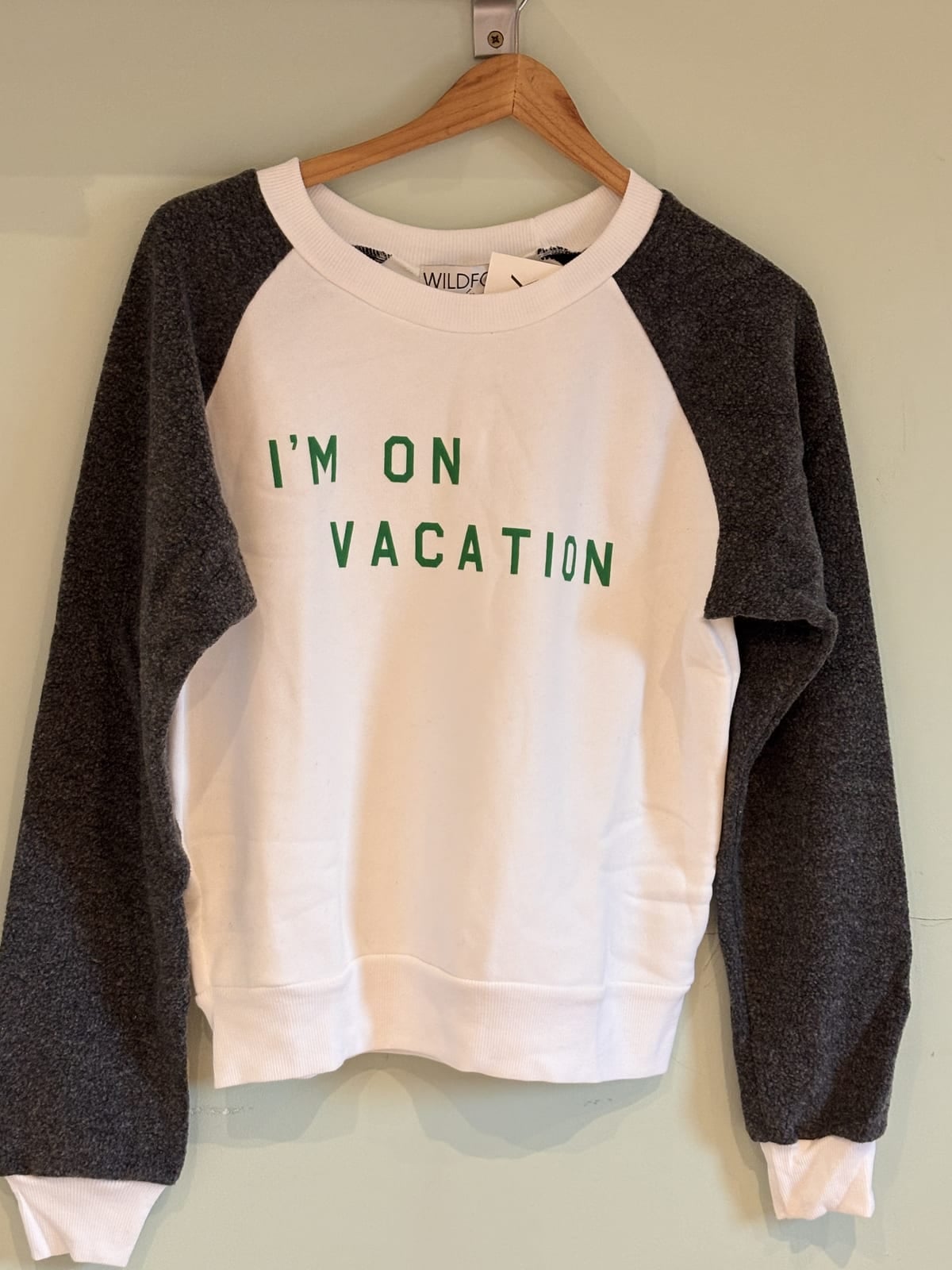 Wildfox I'm On Vacation raglan sweatshirt, white and charcoal, size S, White, size S