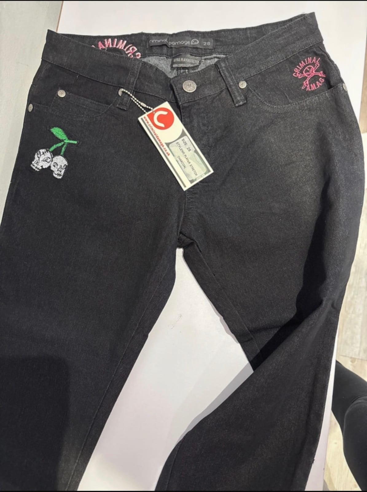 Criminal Damage Player Stretch black skinny jeans with embroidered patches, size 28, new with tags, Black, size 28