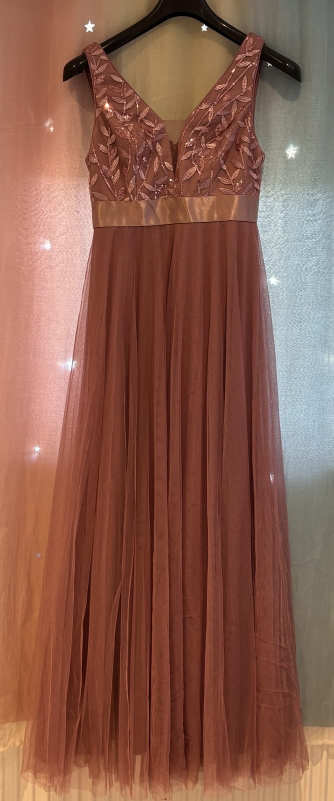 Dusty pink tulle maxi dress with sequin leaf embroidered bodice, Pink, size S
