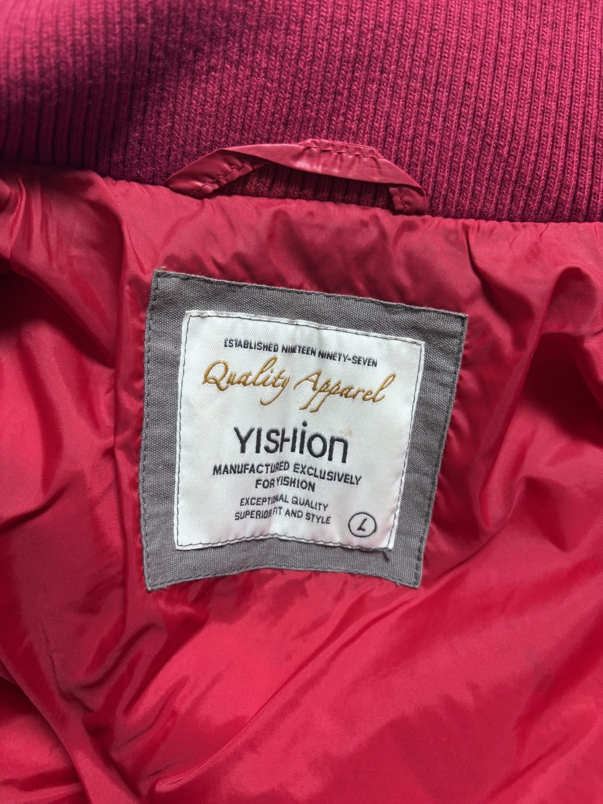 Yishion red quilted padded jacket with knit collar, size L, Red, size L