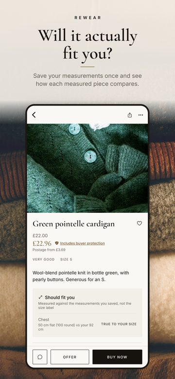 Rewear app screenshot headed "Will it actually fit you?": a listing for a green pointelle cardigan saying "Should fit you", its chest measurement compared with the buyer’s own.