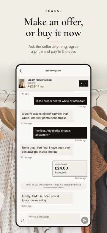 Rewear app screenshot headed "Make an offer, or buy it now": a chat between a buyer and a seller about a cream mohair jumper, with an offer of £24.00 accepted.