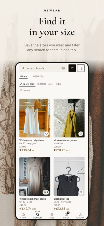 Rewear app screenshot headed "Find it in your size": search results with the In my size filter on.