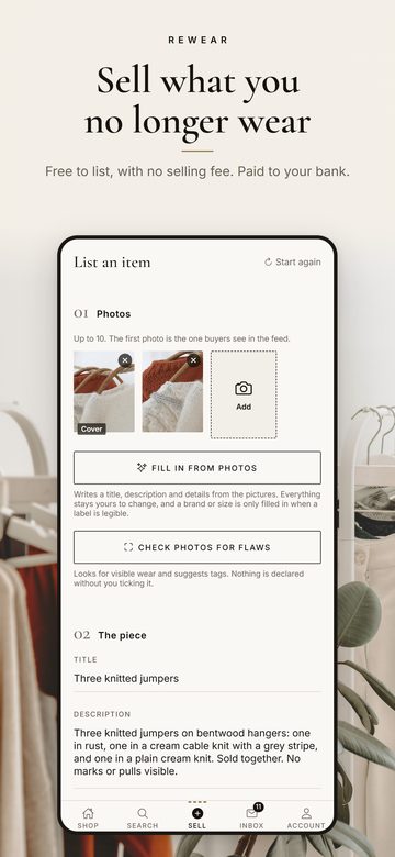 Rewear app screenshot headed "Sell what you no longer wear": the List an item form with two photos added, a title and a description.